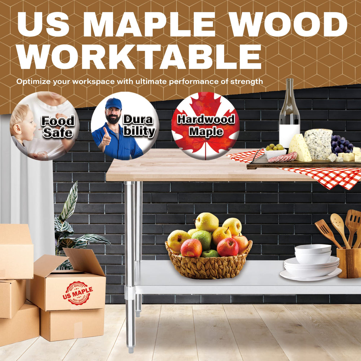 DuraSteel US Maple Top Work Table - 30 x 60 x 35 Inch Commercial Butcher Block Wooden Workbench with Adjustable Lower Shelf - Fits Restaurant, Warehouse, Home, Kitchen, Garage DuraSteel