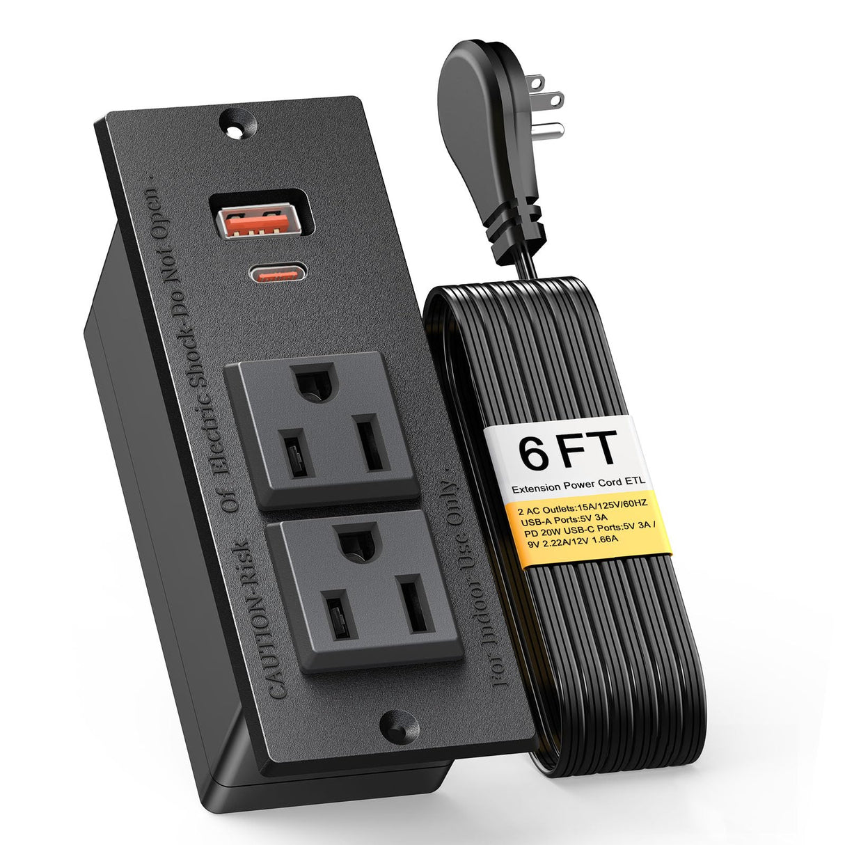 Recessed Power Strip USB C PD 20W, Recessed Outlet with USB Ports, Flat Plug Desk Power Strip for Sofa Drawer Cabinet Nightstand, 6 FT Extension Cord Conference Table Power Hub Kungfuking