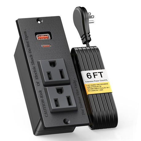 Recessed Power Strip USB C PD 20W, Recessed Outlet with USB Ports, Flat Plug Desk Power Strip for Sofa Drawer Cabinet Nightstand, 6 FT Extension Cord Conference Table Power Hub Kungfuking