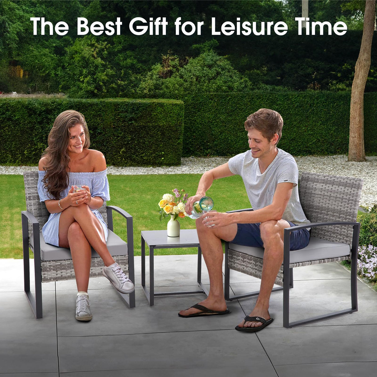 HYDRAGARDEN 3PCS Patio Furniture Set, Outdoor Wicker Bistro Conversation Set with Padded Cushions & Glass Table, Garden Rattan Chair Set for Porch Balcony Backyard (Plus Grey Wicker & Grey Cushions) EARLGROVE