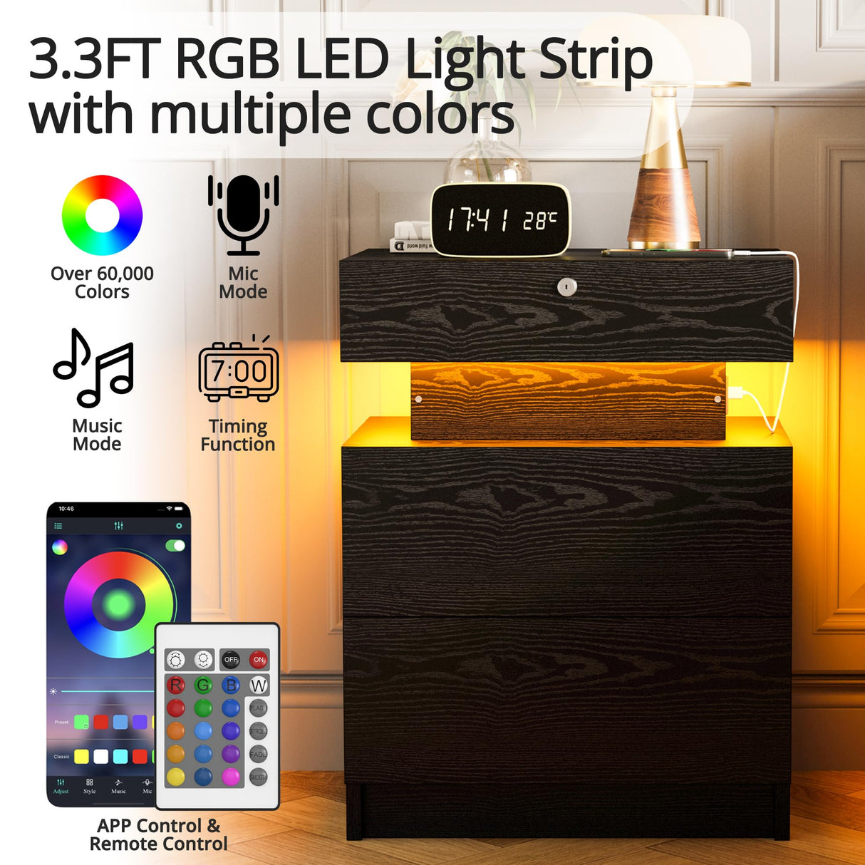 LIKIMIO Nightstand with Charging Station, Night Stand with Storage and LED Lights, Bedside Table with 3 Drawers, USB and Lock, Modern End Table for Bedroom LIKIMIO