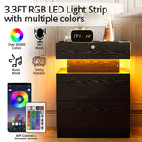 LIKIMIO Nightstand with Charging Station, Night Stand with Storage and LED Lights, Bedside Table with 3 Drawers, USB and Lock, Modern End Table for Bedroom LIKIMIO