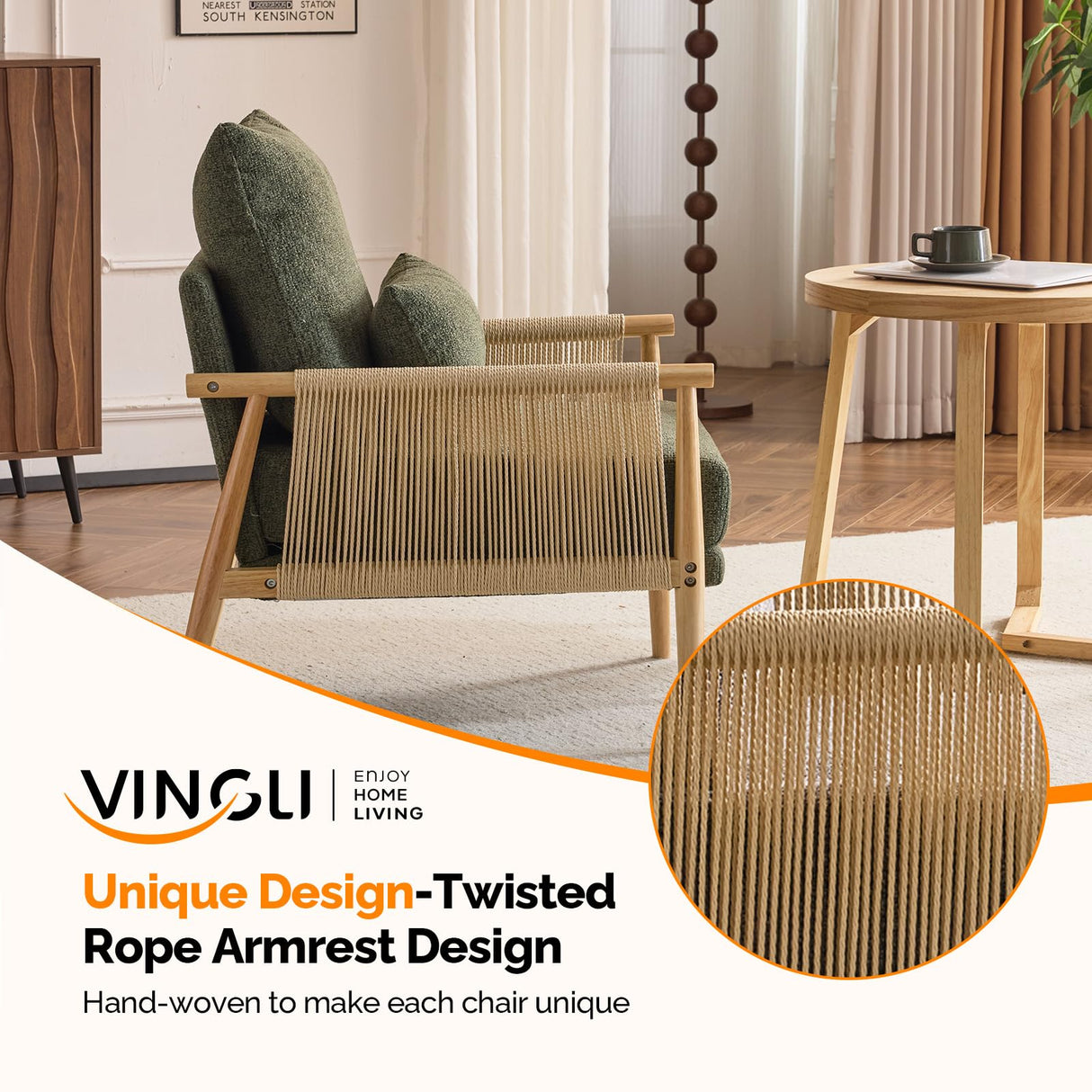 VINGLI Boho Braid Accent Armchairs Set of 2,Mid-Century Modern Chiars with Solid Wooden Armrest,Comfy Louge Cushion Chairs with Waist Pillow for Bedroom,Living Room,Reading Room, Dark Green VINGLI