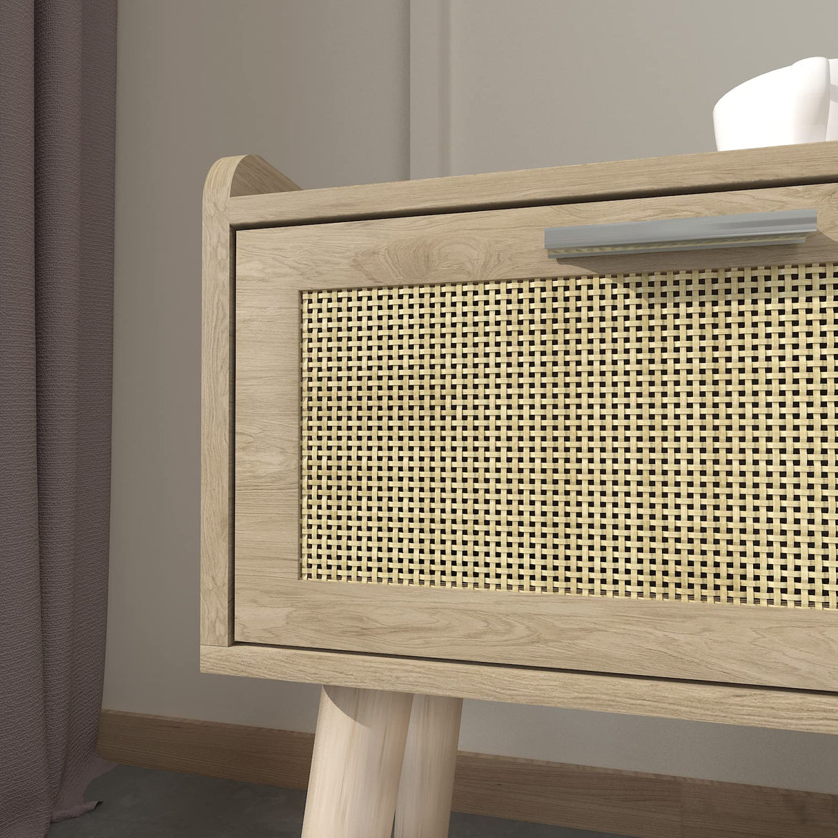 LAATOOREE Nightstand Set of 2, Small Bedside Table, End Table with Rattan Door, Boho Side Table with Solid Wood Legs for Bedroom Living Room Small Space LAATOOREE