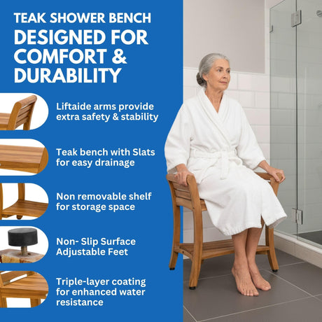 EcoDecors Symmetry 24 Inch Natural Color Waterproof Teak Wood Shower Bench Stool Seat Chair For Inside Shower Storage Shelf Provides Safety, Storage, and Organization For Bathroom Accessories EcoDecors