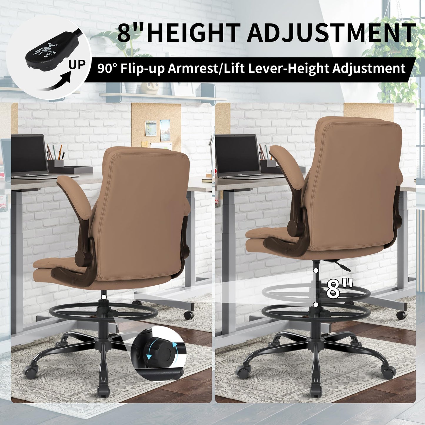 Misolant Tall Office Chair, Drafting Chair for Standing Desk, High Desk Chair with Adjustable Height and Flip-up Arm, Leather Office Drafting Chair, High Office Chair for Counter Height Desk