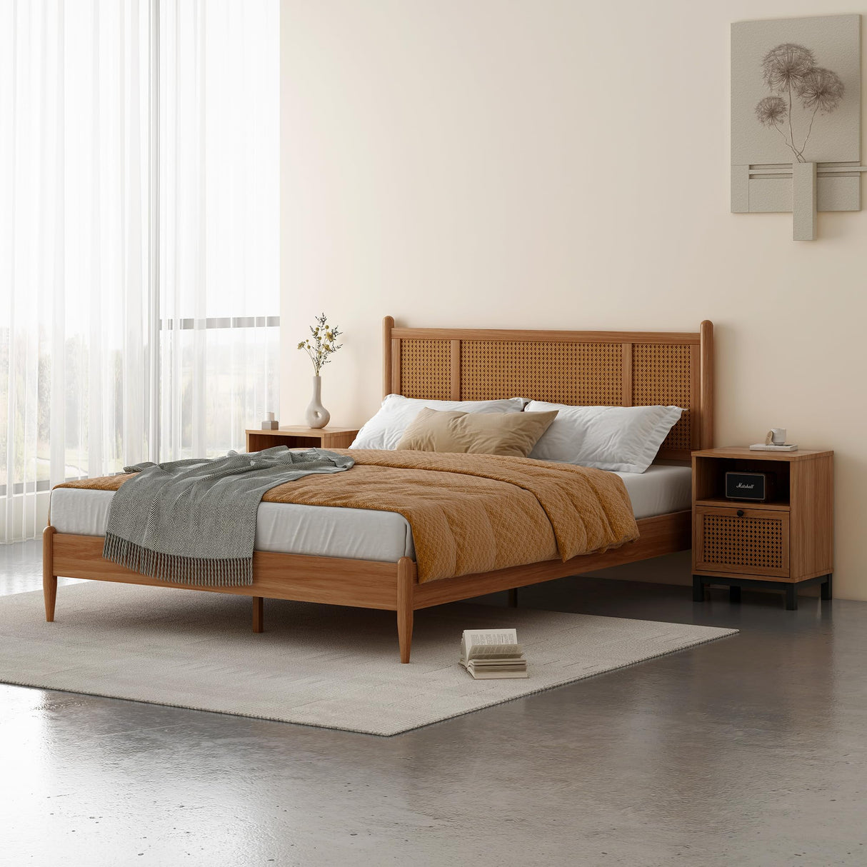 MUSEHOMEINC Wooden Full Size Bed Frame with Natural Rattan Headboard Bohemian Mid Century Modern Style Solid Wood Slat Support Full Platform Bed No Box Spring Needed - Easy Assembly (Full) MUSEHOMEINC