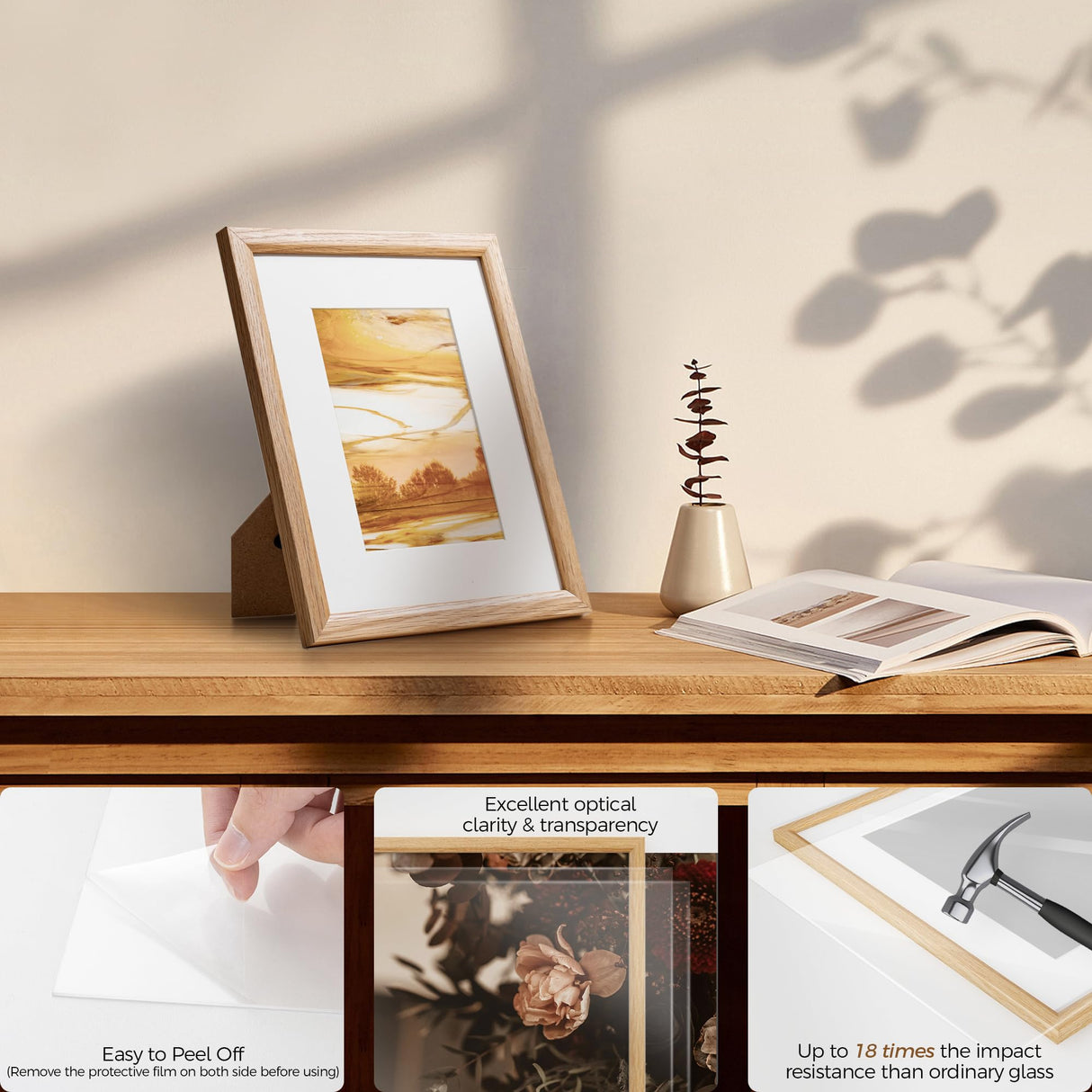 Fun Memories 8x10 Oak Picture Frame for Wall, 8x10 Frame with Matted to 5x7, Solid Wood Picture Frames for Wall Art Photo and Prints (Beige, 1 Pack) Fun Memories