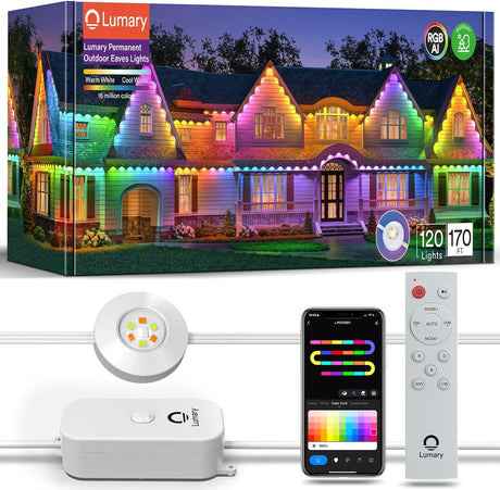 Lumary Permanent Outdoor Lights Pro 158ft for House, 120LED 50lm RGBAICW Smart Eave Lights, IP67 Waterproof, Multi Scenes for Daily and Holiday Accent Lighting Decor, Work with Alexa, Google, Remote Lumary