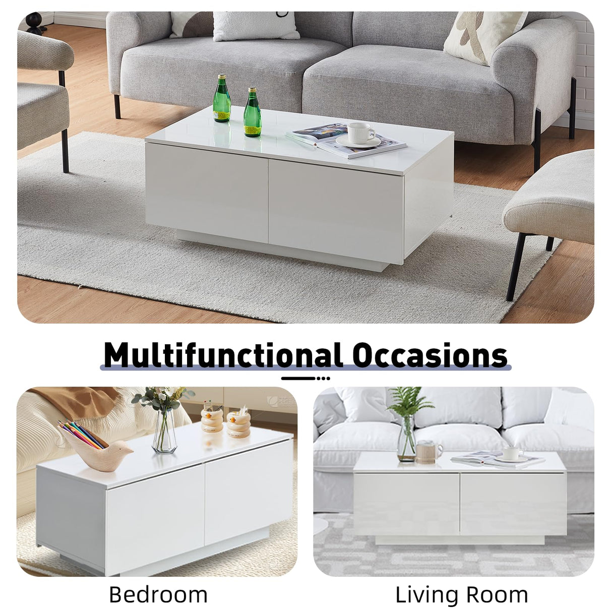 TUKAILAi Coffee Table with 4 Drawers, LED Lights & Power Strip Modern Minimalist Rectangle Coffee Table for Home Living Room Office (White) TUKAILAi