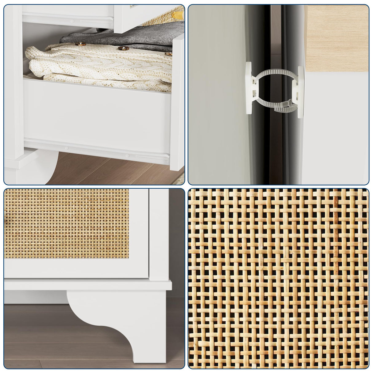 IDEALHOUSE 7 Drawer Dresser for Bedroom, 47.3" Wide Natural Rattan Chest of Drawers, Wood Boho Clothing Storage Organizer, Dresser TV Stand Cabinet for Living Room, White IDEALHOUSE