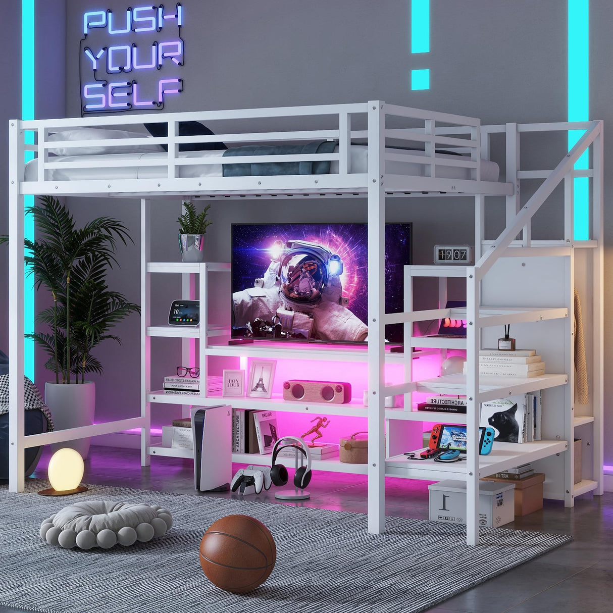 Full Size Loft Bed with LED Light & TV Table, High Loft Beds with Charging Station & Storage Bookcase, Wardrobe, Heavy-Duty Metal Lofts Frame with Stairs for Kids, Teens & Adults Dorms, White Mirightone