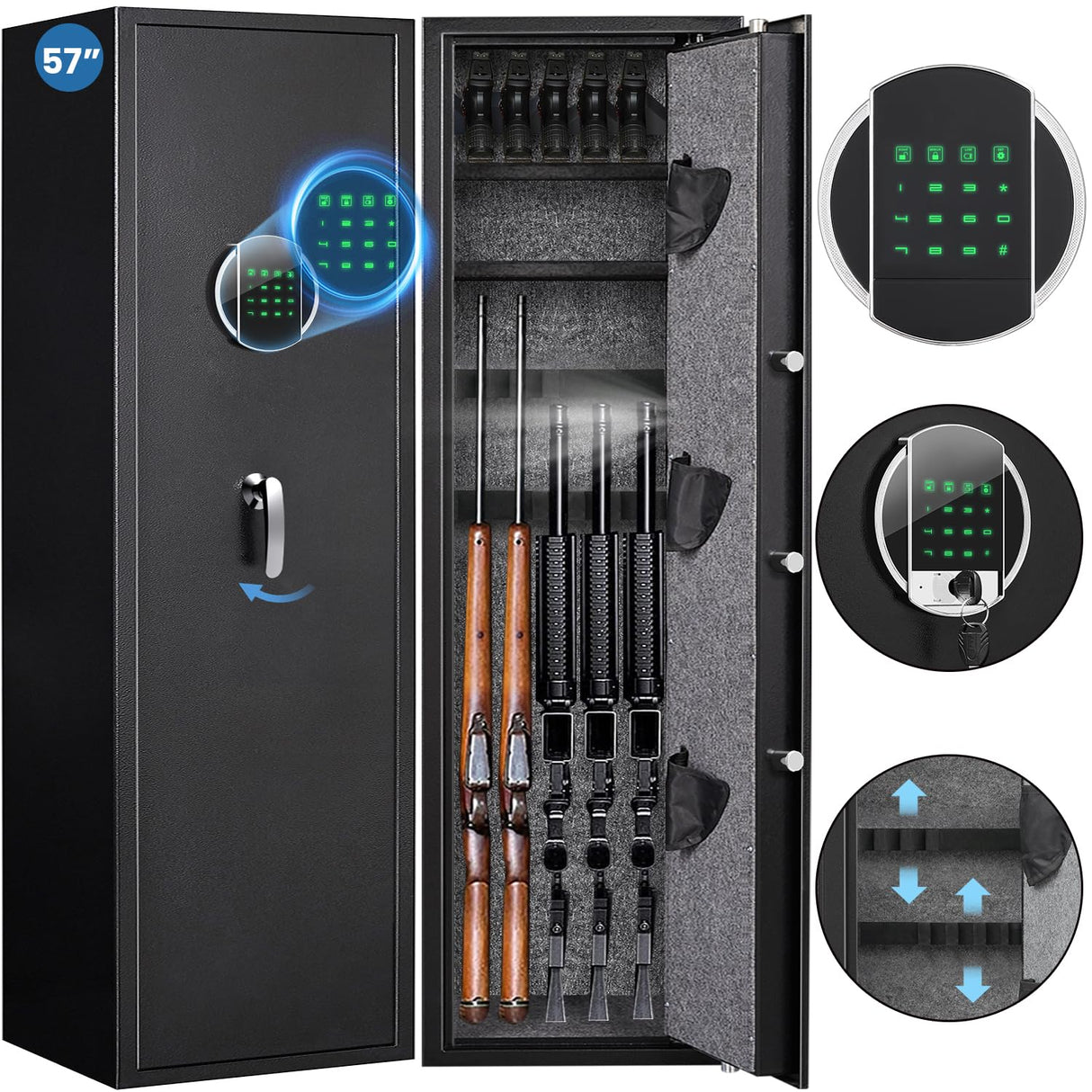 57" Rifle Gun Safe, Digital 5-6 Gun Safe for Rifles and Pistols, Shotgun Gun Safes for Home, Gun Safes for Home Rifle and Pistols with Backlit Keypad, Mute Mode, and Two Removable Shelves silkight