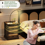 Gun Night Stand with Charging Station & Reading Light, Farmhouse Bedside Table with Human Sensor LED Lights, Brightness Adjustable End Side Table for Bedroom/Living Room/Office, Rustic Brown HWB