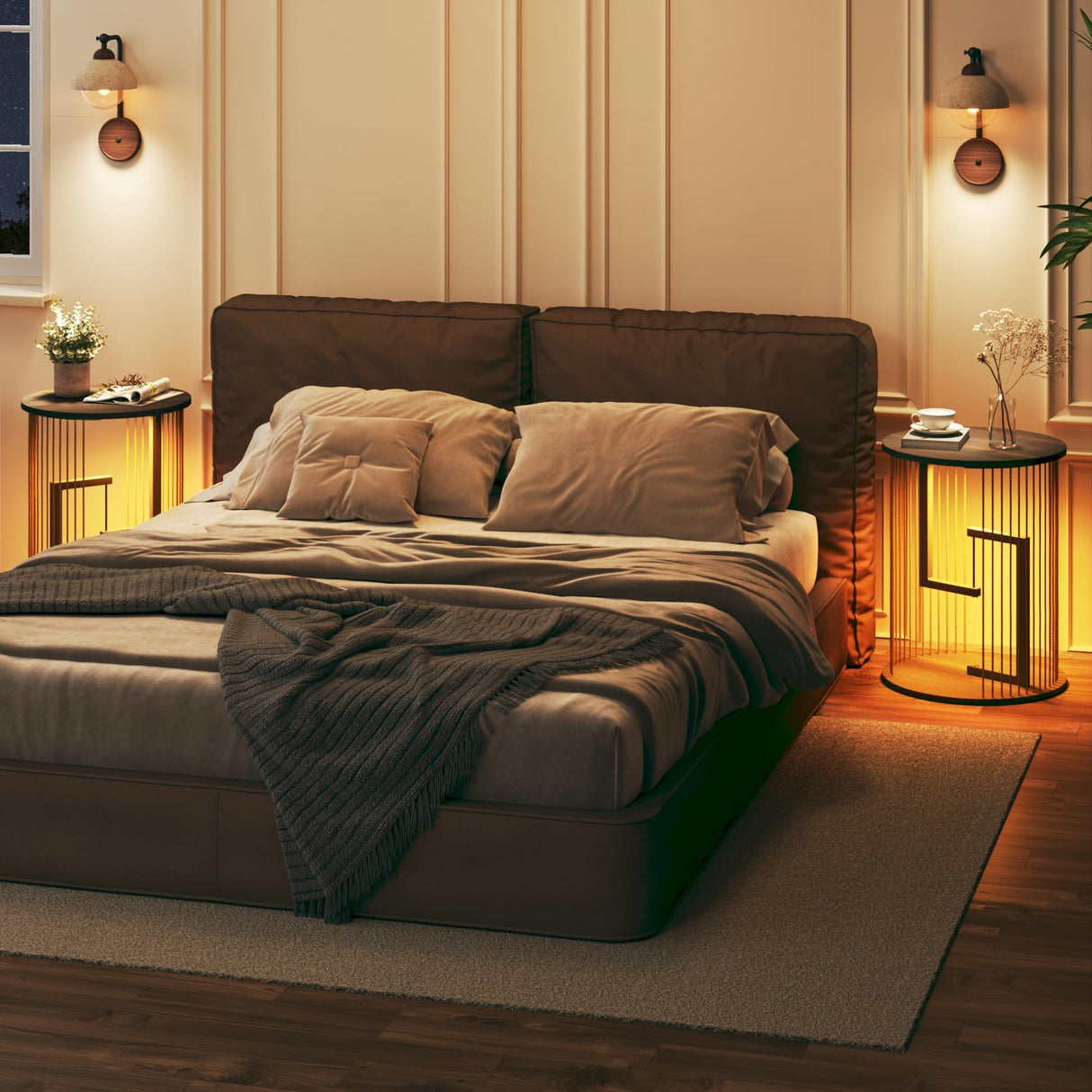 Side Table, Round End Table for Living Room, Bedroom, Black LED Nightstand with Twine Rope Design, Mid Century Modern Wood Accent Coffee Table, Antique Nightstand HUAHUU