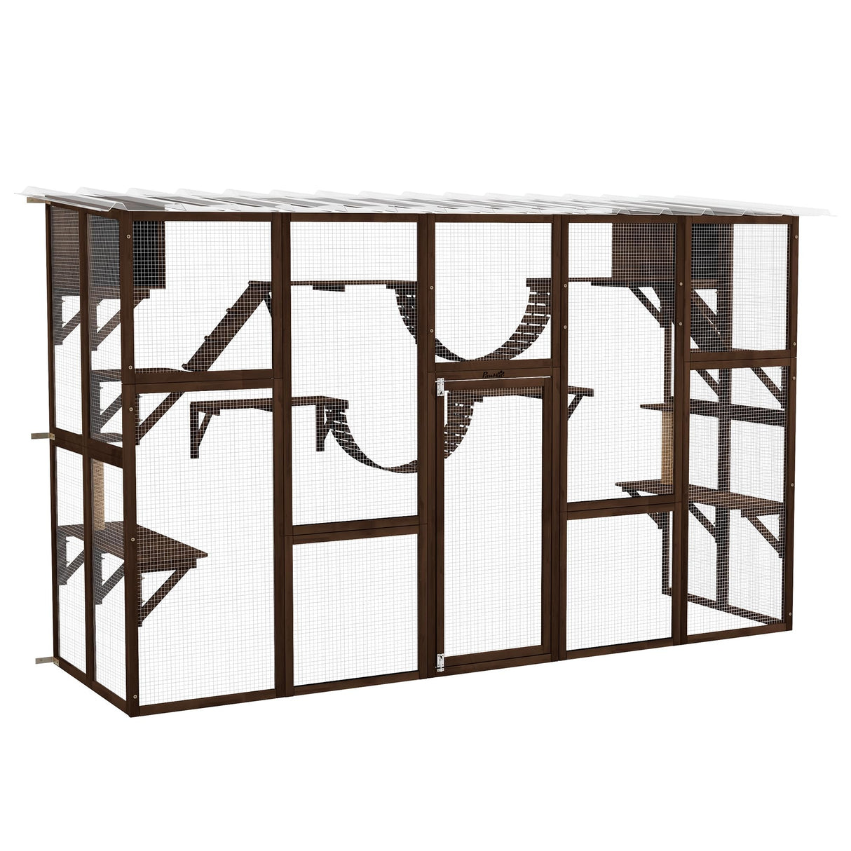 PawHut Catio Playground Cat Window Box Outside Enclosure, Outdoor Cat House with Weather Protection Roof for Multiple Kitties, Wooden Frame, Shelves & Bridges, 118" x 37.5" x 74", Coffee Brown PawHut