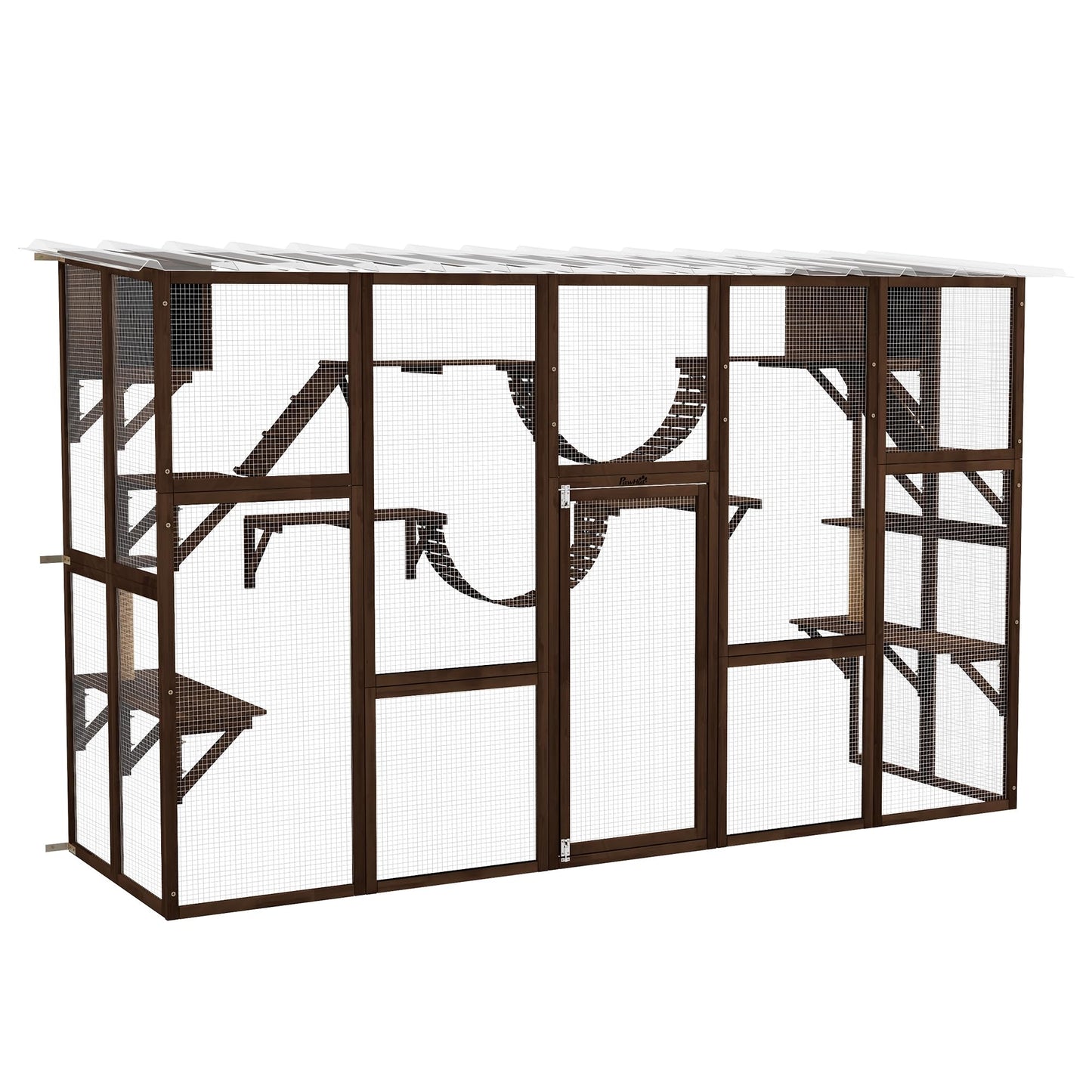 PawHut Catio Playground Cat Window Box Outside Enclosure, Outdoor Cat House with Weather Protection Roof for Multiple Kitties, Wooden Frame, Shelves & Bridges, 118" x 37.5" x 74", Coffee Brow - WoodArtSupply