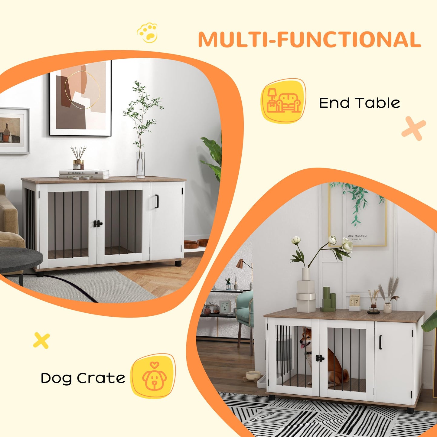 PawHut Dog Crate Furniture Side End Table with Storage, Dog Kennel Furniture Indoor with Double Doors for Medium and Large Dogs, Walnut - WoodArtSupply