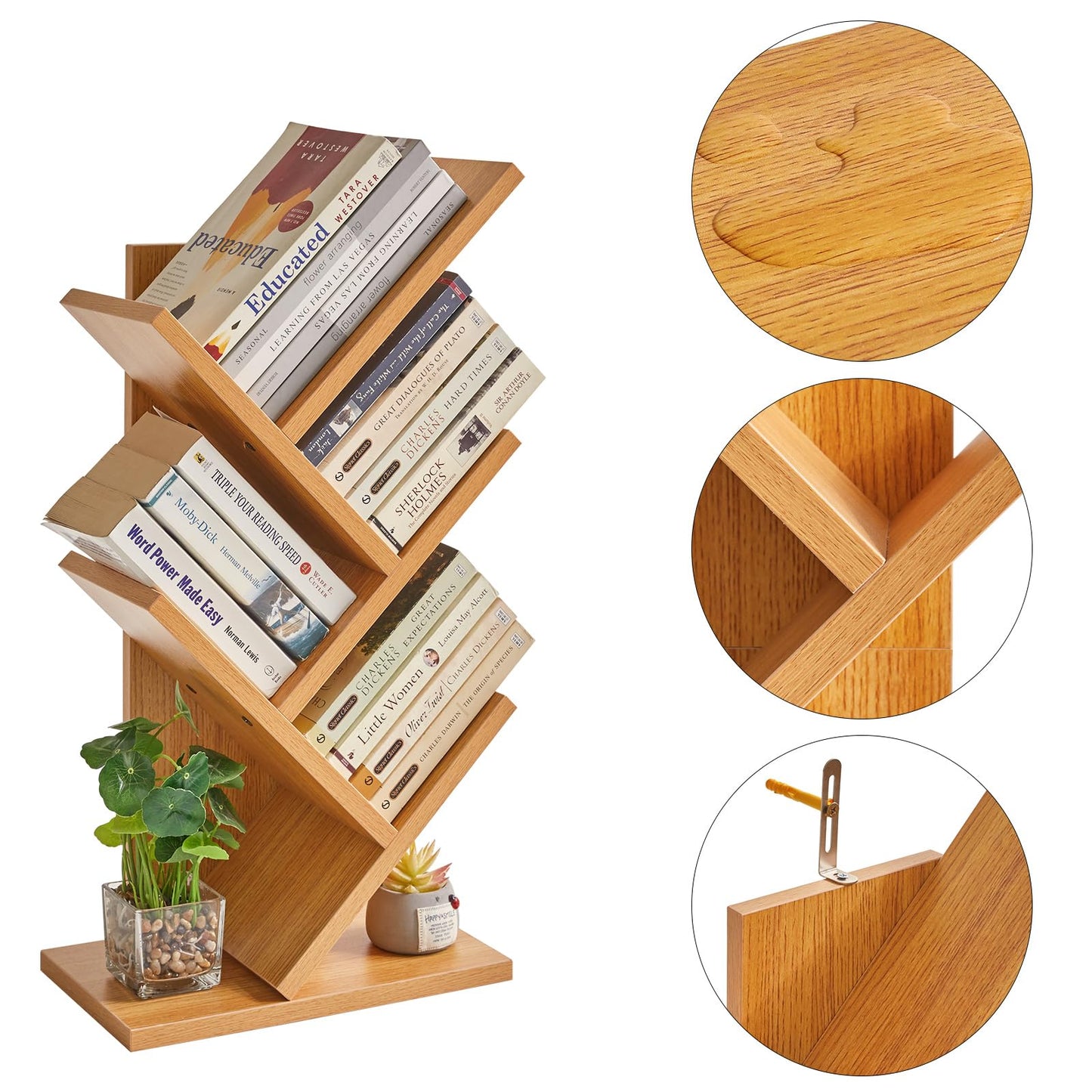 YMYNY 4 Tier Tree Bookshelf, Small Bookcase, Modern Wood Book Storage Rack, Freestanding Book Shelf for Books/Movies/CDs, Narrow Display Rack for Living Room, Home Office, Natural UHBC014N