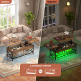 Besiost Coffee Table, Lift Top Coffee Table with Storage, LED Light & Power Outlet and Hidden Compartment, Retro Center Table for Living Room, X Support Wood Tabletop, Metal Frame, Rustic Brown Besiost