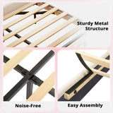 LIKIMIO Full Floating Bed Frame, Platform Bed Frame with Leather Upholstered Headboard,LED Light & Charging Station, Solid Wood Slats Support, No Box Spring Needed, Pink LIKIMIO