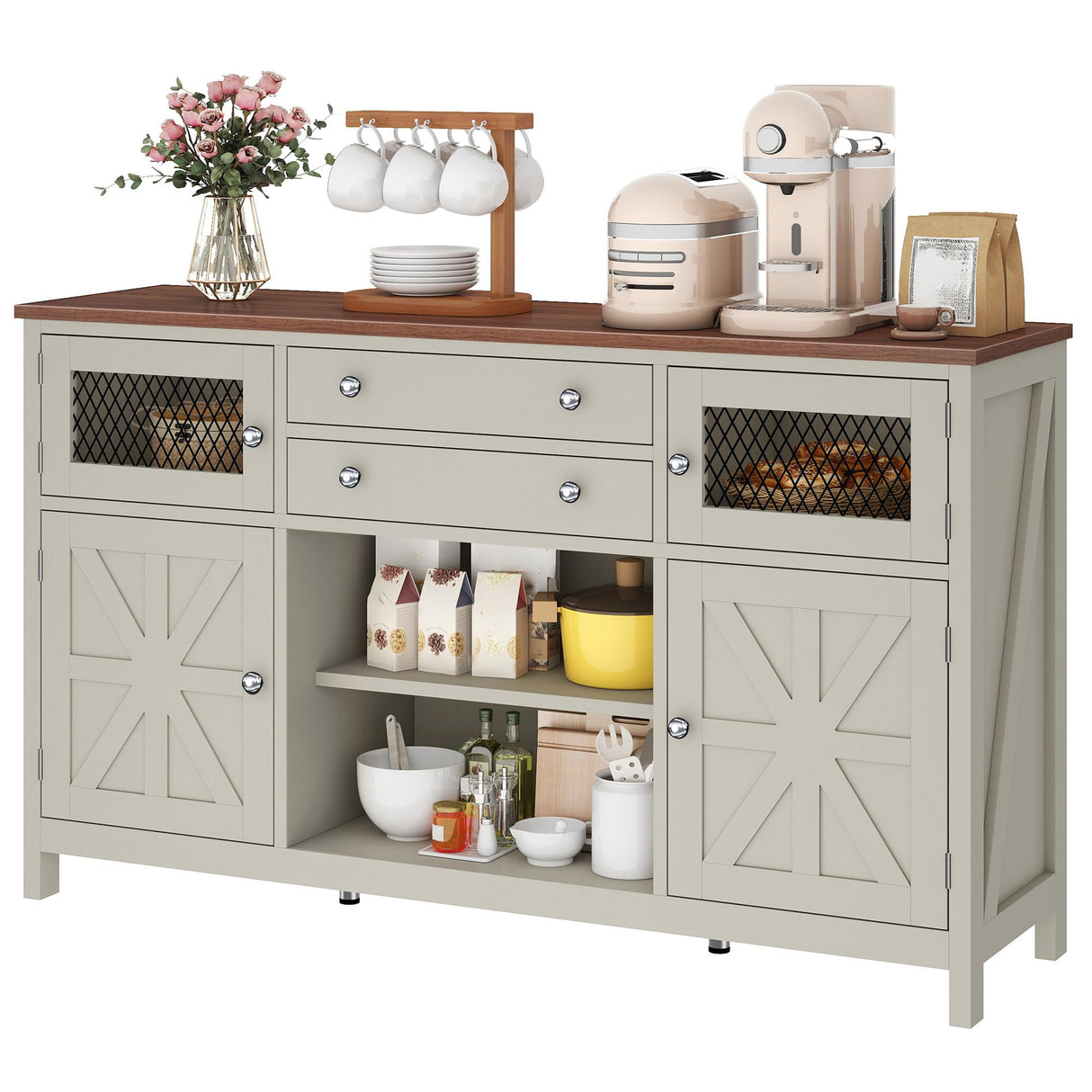 YITAHOME Farmhouse TV Stand for 65/55 Inch Television, Entertainment Center Television Stand with Drawers & Door, 59" Media Console TV Cabinet for Living Room, Antique White YITAHOME