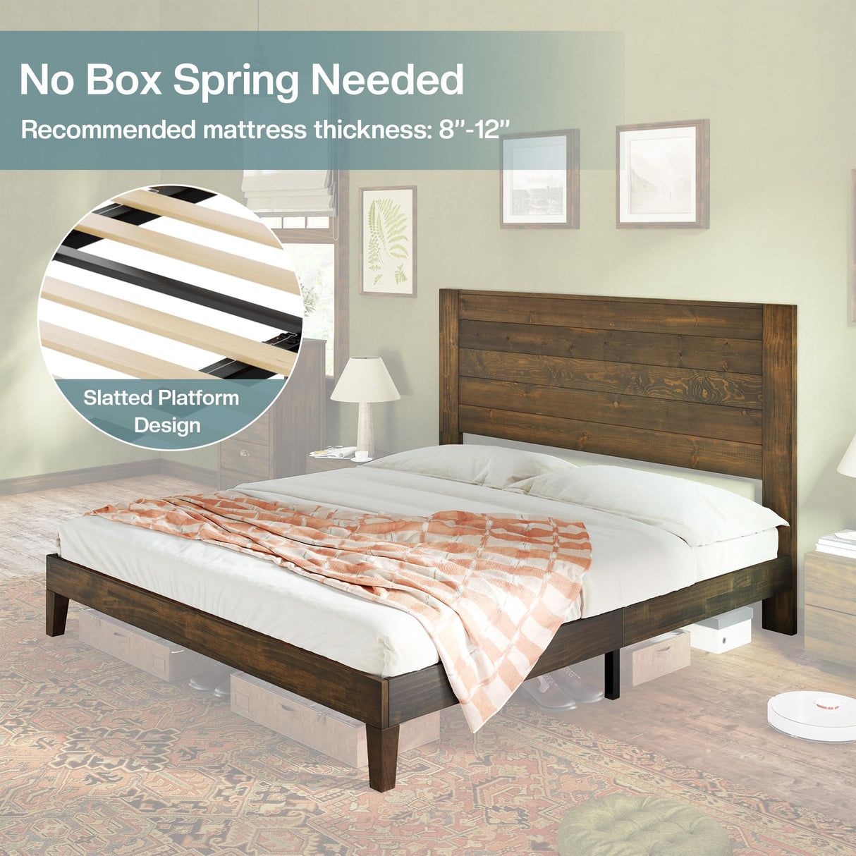 Jocisland Farmhouse Solid Wood Full Size Bed Frame with 48'' High Headboard, Rustic Platform Bed with Under-Bed Storage, No Box Spring Needed, Heavy Duty Support for Small Bedroom, Dark Brown Jocisland