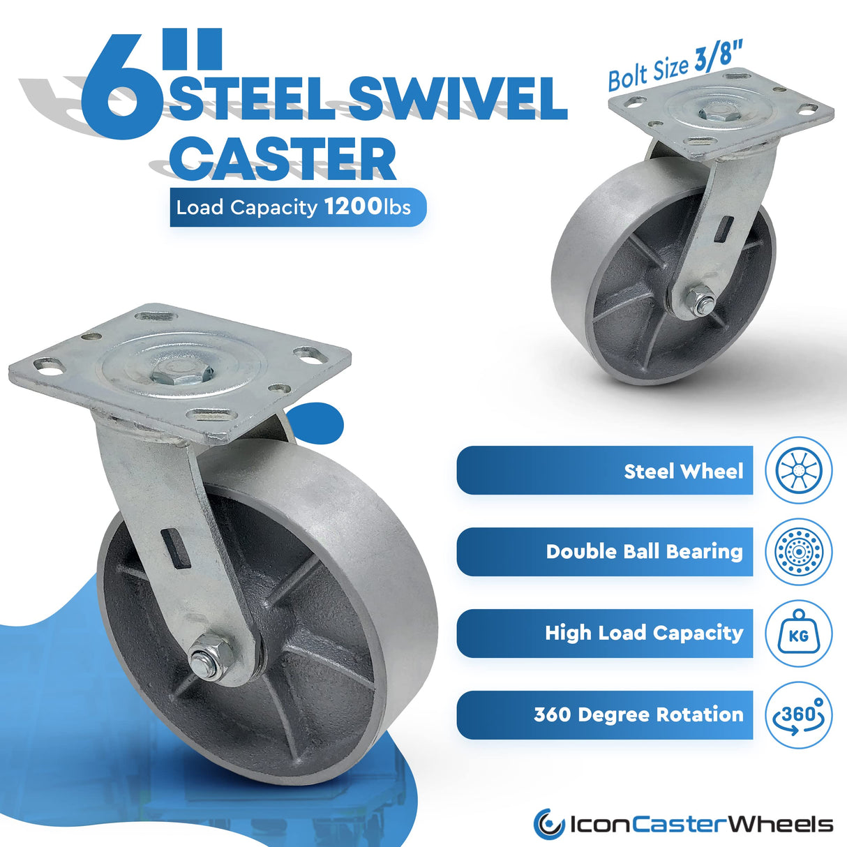 ICONCASTERWHEEL 6" x 2" Steel Heavy Duty Casters, Set of 4 Industrial Casters | 4 Swivel Top Plate Caster, Top Plate 4 x 4.5, Load Capacity 4,800 lbs per Set (4-Pack) ICONCASTERWHEELS