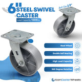 ICONCASTERWHEEL 6" x 2" Steel Heavy Duty Casters, Set of 4 Industrial Casters | 4 Swivel Top Plate Caster, Top Plate 4 x 4.5, Load Capacity 4,800 lbs per Set (4-Pack) ICONCASTERWHEELS