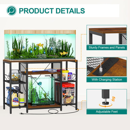 Snughome Fish Tank Stand, 40 Gallon Aquarium Stands with Charging Station, Adjustable Fish Tank Stand with Removable LED Light, Heavy Duty Metal Aquarium Stands with Storage, 43.3" x 17.72" x - WoodArtSupply