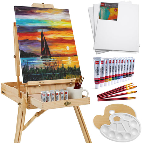 Best Choice Products French Easel, 32pc Beginners Kit Portable Wooden Folding Adjustable Sketch Box Artist Tripod for Painting, Drawing w/Acrylic Paints, Brushes, Canvases, Palettes - Natural Best Choice Products