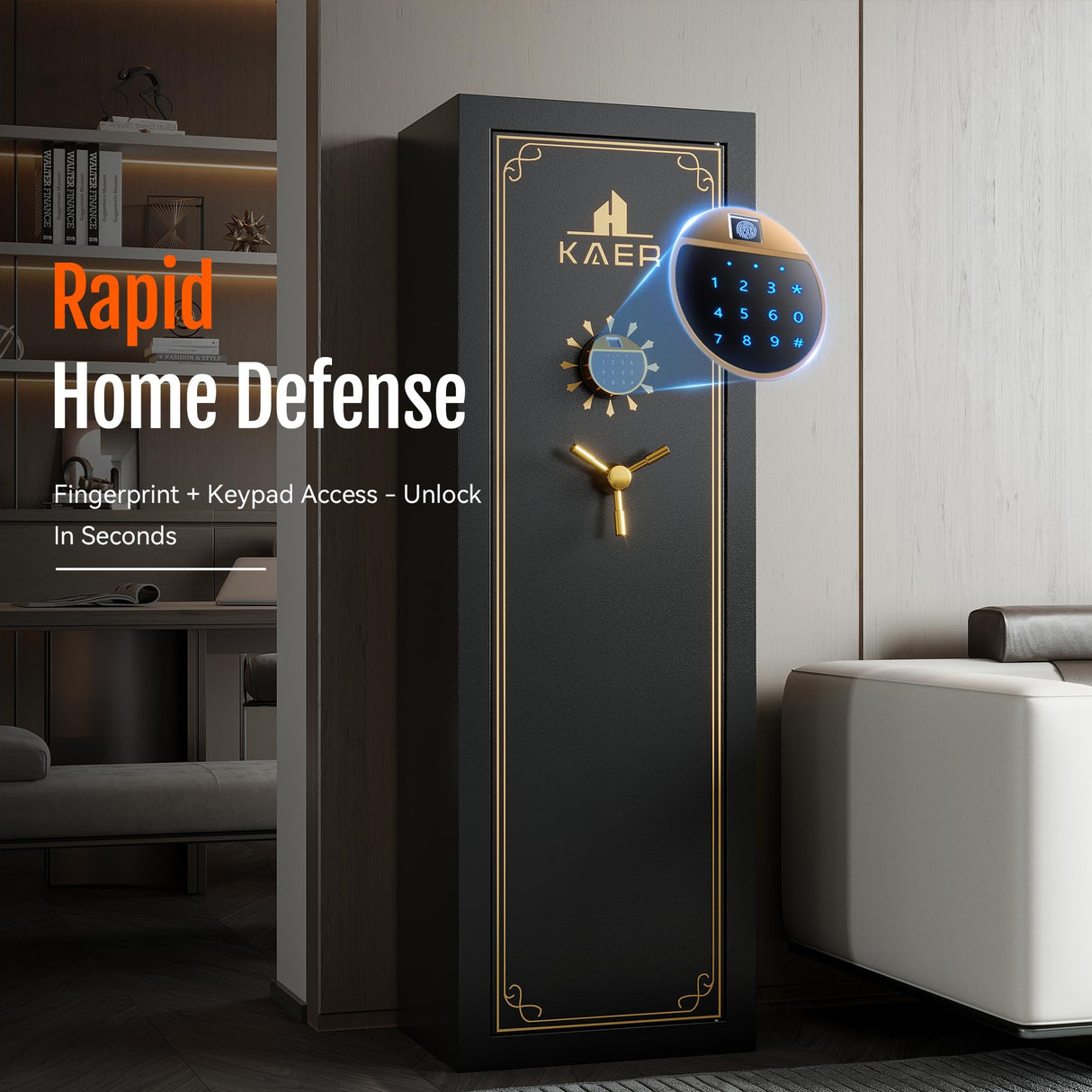 KAER 20 Biometric Gun Safe for Rifles and Pistols, Large Gun Cabinet for Home Rifle, Quick Access Gun Safe with Fingerprint, Rifle Safe with Removable Shelf and Pistol Pocket [No Assembly Required] KAER