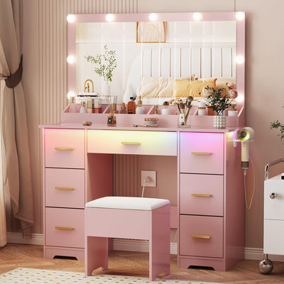 METOTI Vanity Desk with 38" Large Mirror and 9 LED Lights & Glass Top and Power Outlet, Adults Makeup Vanity with Chair and 7 Storage Drawers, Dressing Table Set for Bedroom, Modern Pink