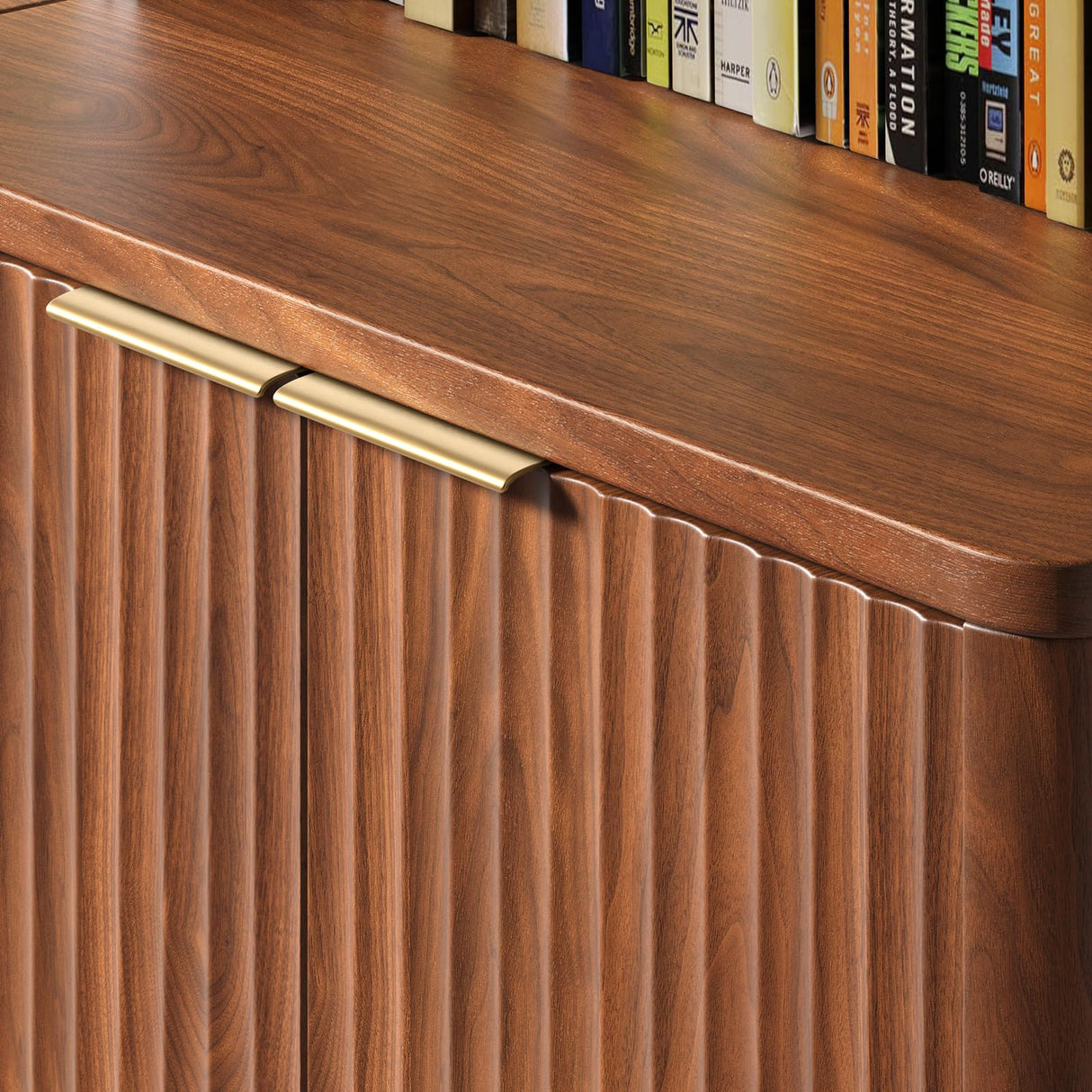 Hootata 71" Walnut Bookcase with Doors, 5 Tier Fluted Tall Bookshelf with Storage, Librero with Cabinet for Home Office, Living Room,or Bedroom Hootata