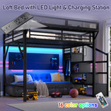 Bellemave Queen Loft Bed Frame with Storage Stairs, Beside Shelf & Wardrobe, Metal Queen Size Loft Bed with USB Ports & LED Light, Large Under-Bed Space Loft Beds for Adults, Teens, Kids, Black Bellemave