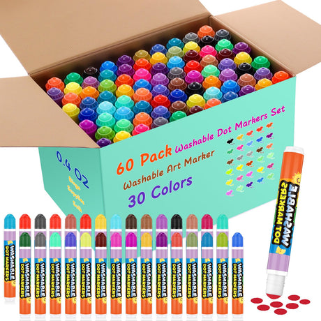 Crtiin 60 Pack Washable Dot Markers Set 30 Assorted Colors Bingo Daubers Bulk 0.4oz Dot Art Paint Markers Ideal for Art and Crafts Painting Coloring Bingo Supplies Crtiin