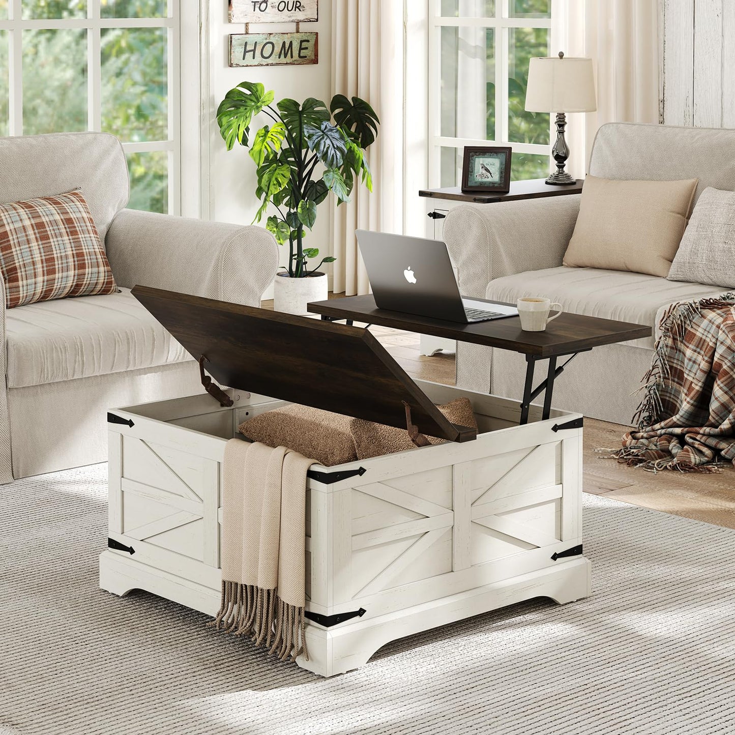 furomate Farmhouse Lift Top Coffee Table, Square Wood Center Table with Large Hidden Storage Compartment for Living Room, Rustic Cocktail White Modern Table with Hinged Lift Top, Brown Top - WoodArtSupply