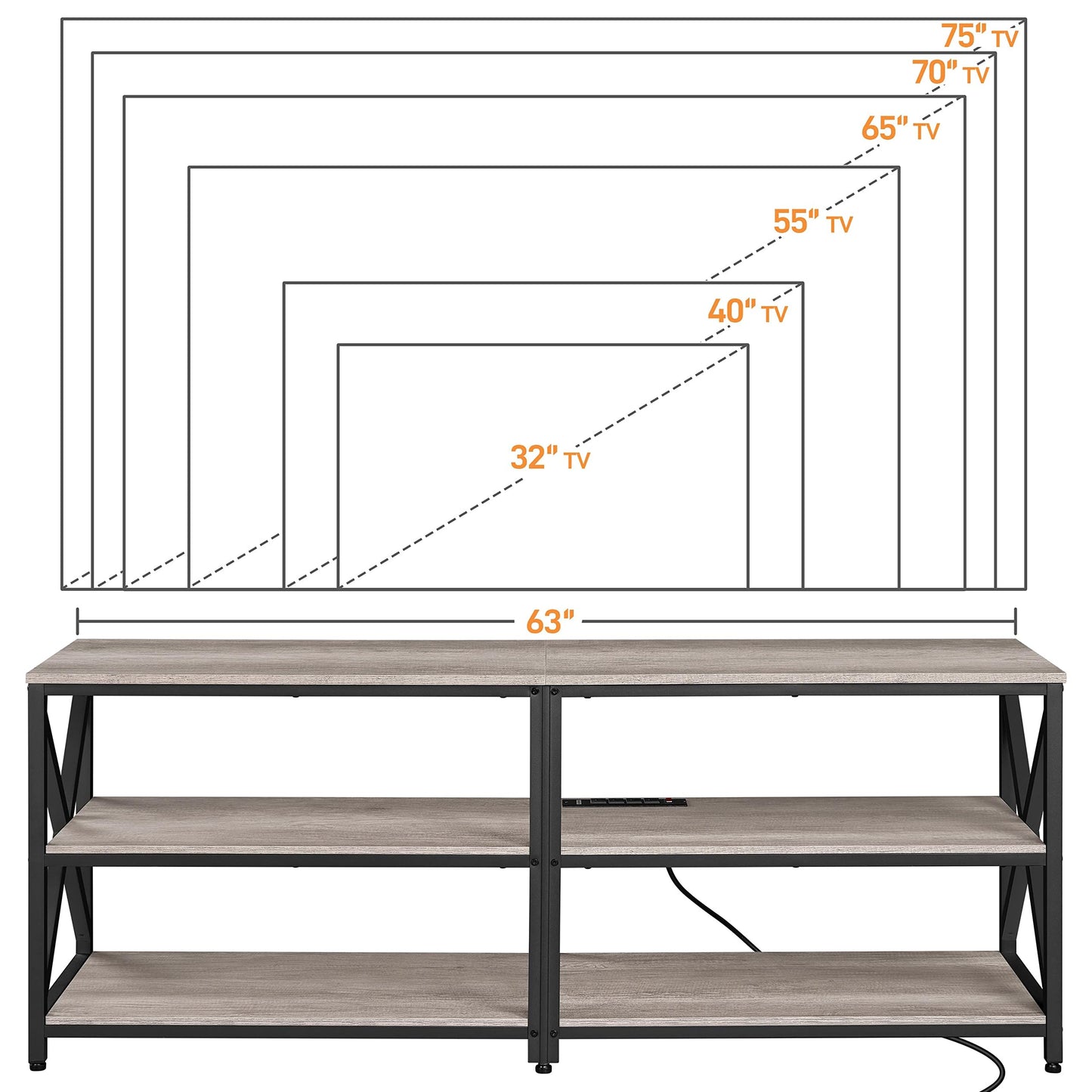 Yaheetech TV Stand with Power Outlet for 75 Inch TV, 3 Tiers TV Storage Cabinet Entertainment Center, Retro 63 Inch Long TV Console Table with Charging Station for Living Room, Gray