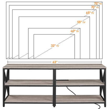 Yaheetech TV Stand with Power Outlet for 75 Inch TV, 3 Tiers TV Storage Cabinet Entertainment Center, Retro 63 Inch Long TV Console Table with Charging Station for Living Room, Gray