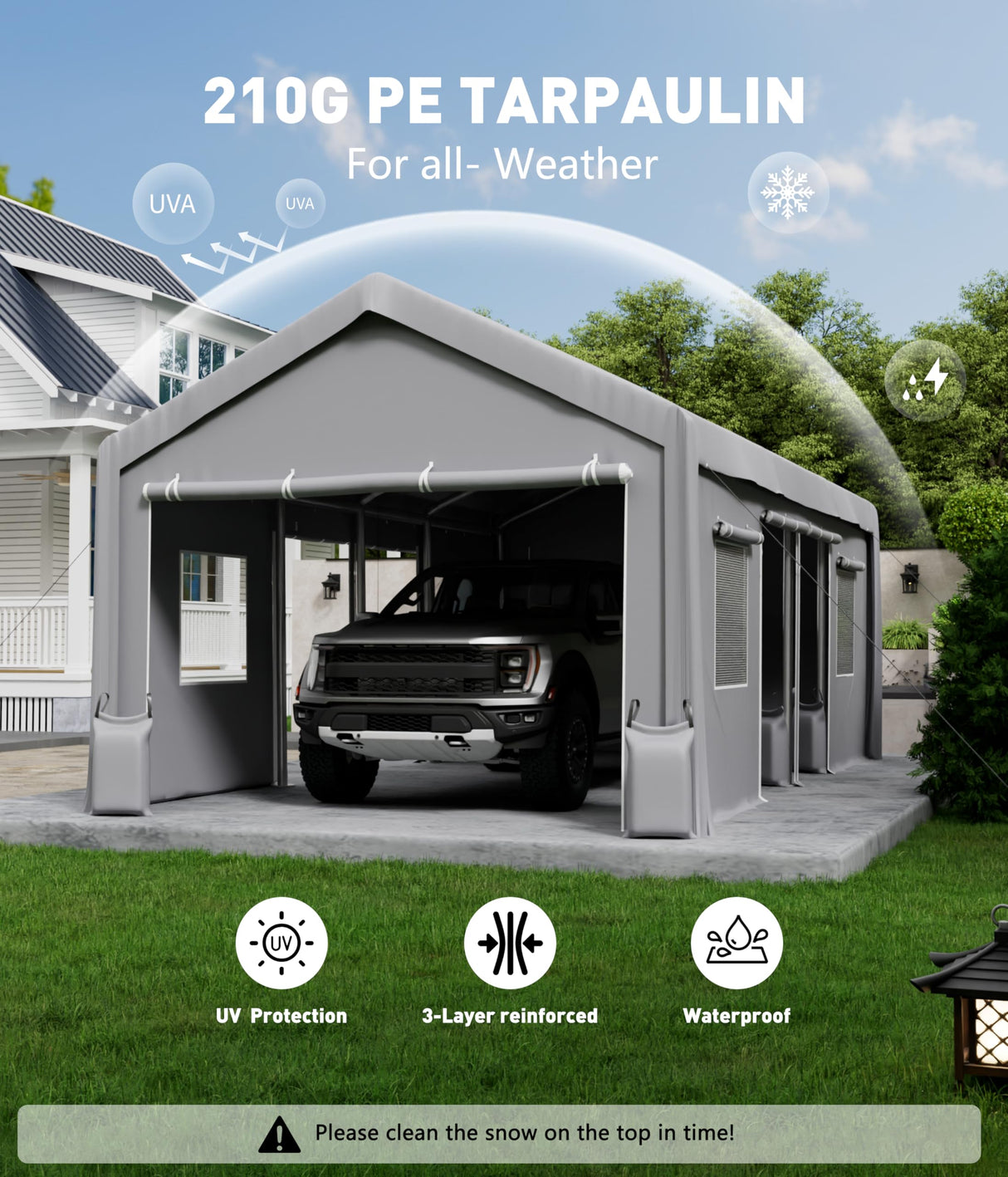 GarveeLife 25'x 13'x 11' Windproof Carport Top Replacement Cover Grey Heavy-Duty Garage Top Tent Shelter Tarp Waterproof & UV Protected (Top Cover ONLY, Frame Not Included) GarveeLife