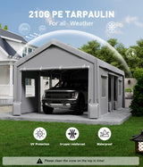 GarveeLife 25'x 13'x 11' Windproof Carport Top Replacement Cover Grey Heavy-Duty Garage Top Tent Shelter Tarp Waterproof & UV Protected (Top Cover ONLY, Frame Not Included) GarveeLife