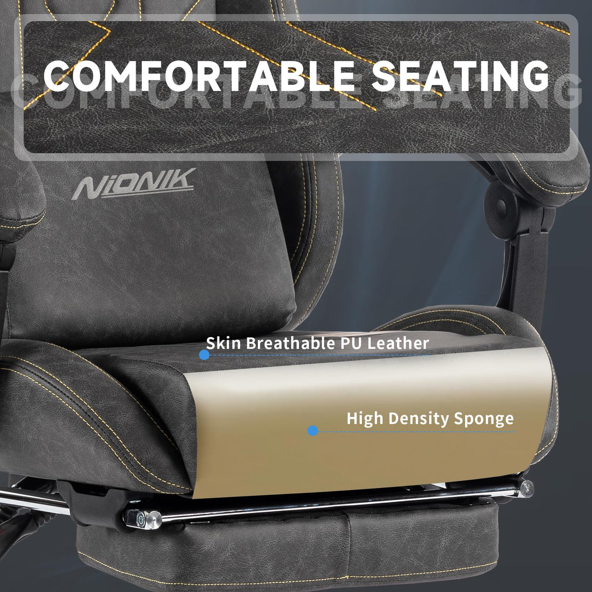 Gaming Chair, Video Game Chair with Massage Lumbar Support and Footrest, Comfortable Ergonomic Computer Chair with Linkage Armrests, Height Adjustable Racing Game Chair Pu Leather for Adults, Grey NIONIK