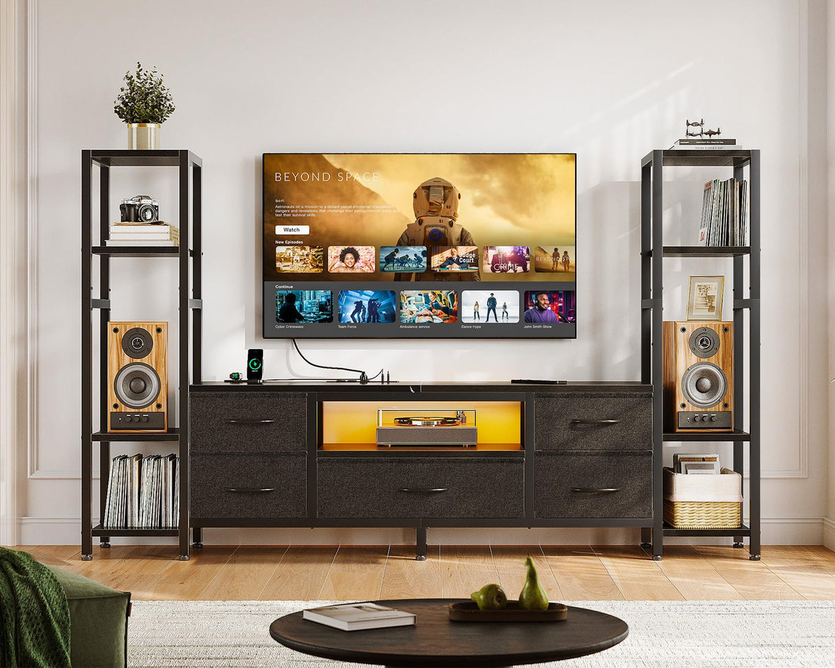 Casaottima 71" TV Stands for 43, 50, 55 Inch TV Entertainment Center with LED Lights and Power Outlets, TV Stand for Living Room with 5 Fabric Drawers & Shelf, TV Console Cabinet for Bedroom, Black Casaottima
