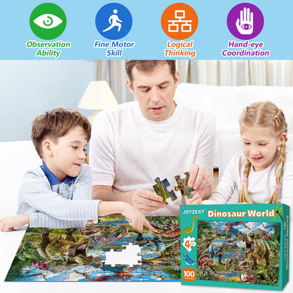 JOYZEXY Puzzles for Kids Ages 4-6-8-10, Dinosaur World Puzzle 100 Pieces Jurassic Landscape Jigsaw Puzzles Educational Toys Gifts for Boys Girls