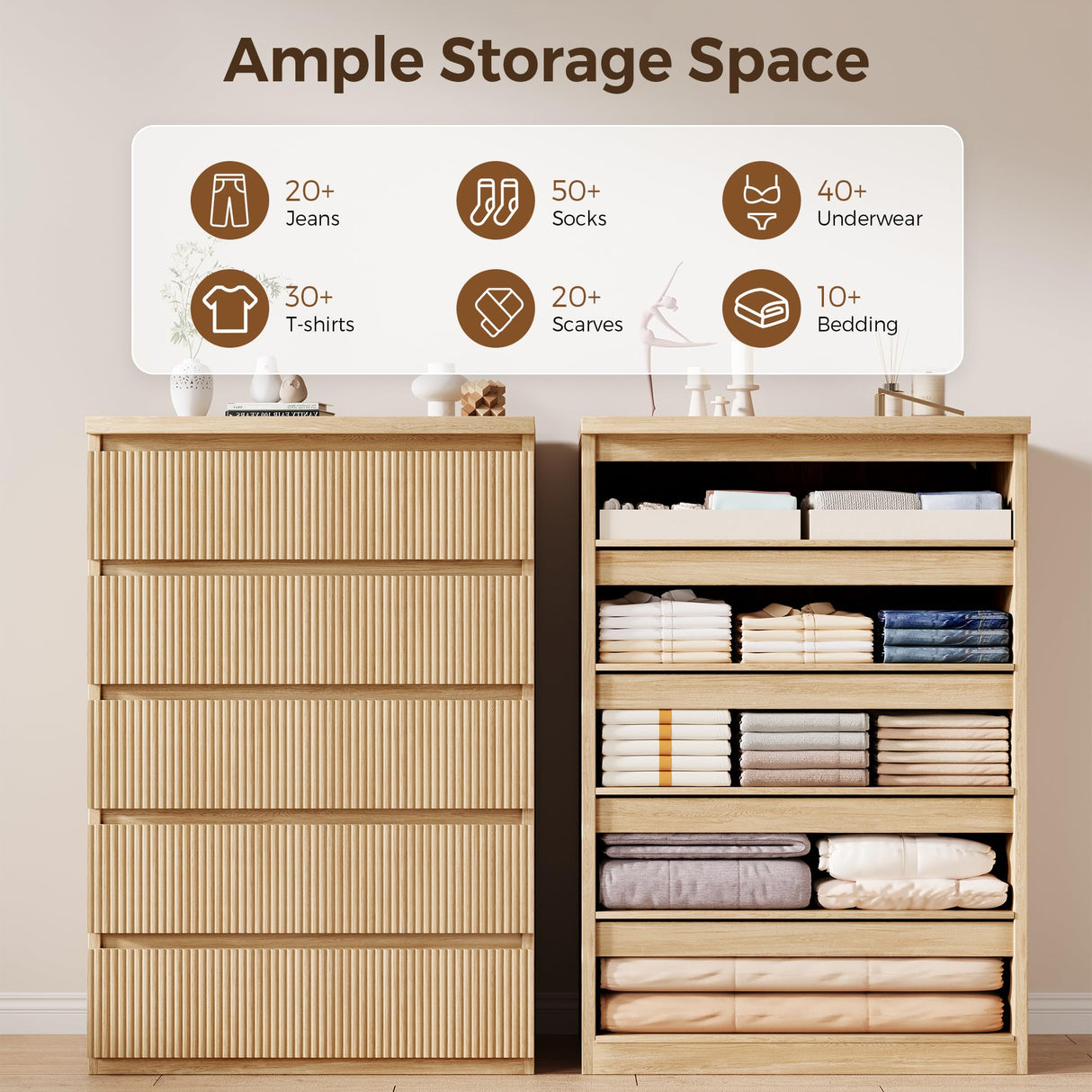 Jocoevol Fluted 5 Drawer Dresser, 43" Tall Dresser Chest of Drawers Curved Profile Design, Wood Mid Century Vertical Dresser Natural Texture for Bedroom, Oak Dresser Jocoevol