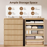 Jocoevol Fluted 5 Drawer Dresser, 43" Tall Dresser Chest of Drawers Curved Profile Design, Wood Mid Century Vertical Dresser Natural Texture for Bedroom, Oak Dresser Jocoevol