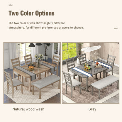 Lostcat Dining Table Set for 6, 6-Piece Rubber Wood Dining Table Set with Beautiful Wood Grain Pattern Tabletop and Soft Cushion, Dining Room Table Set for Living Room, Kitchen, Natural Wood Wash