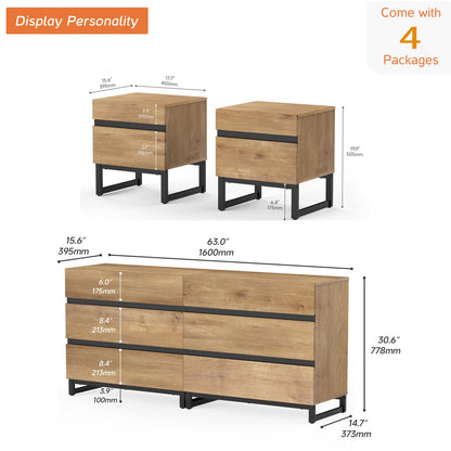 WAMPAT 3 Piece Dresser and Nightstand Sets, 63 Inches Dresser &Chest with 6 Drawers, 2 Nightstand with 2 Drawers, Side Table for Bedroom, Bedroom Furniture Set, Oak - WoodArtSupply