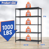 5 Tier Storage Shelves 71"H Wire Shelving Adjustable Metal Shelving,1000LBS Pantry Shelves Sturdy Steel Wire Shelf for Kitchen School Pantry Garage Warehouse ,71"H X35.5"W X13.8"D, Black,2P Romorgniz