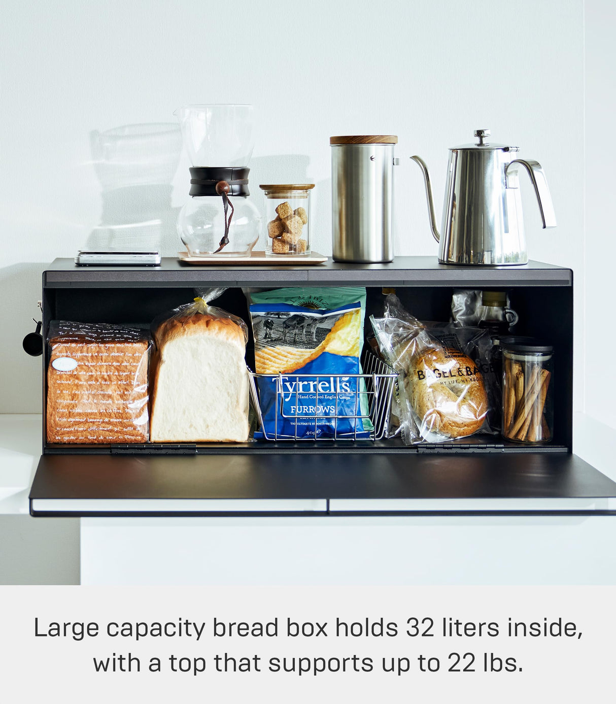 Yamazaki Home Tower Wide Bread Box Keeper Holder Container, Metal Bread Holder Saver, Large Counter Storage - Steel YAMAZAKI